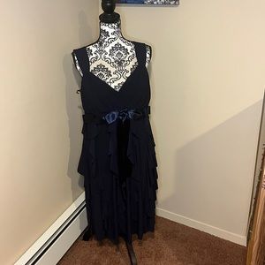 Formal navy blue dress with satin bow detail